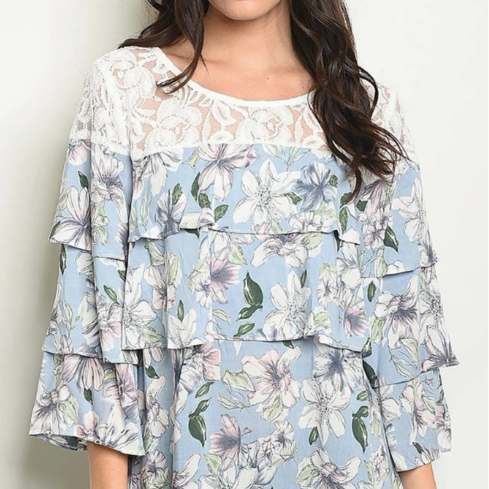 LACE CONTRAST TIERED LAYERED FLORAL PRINT TOP